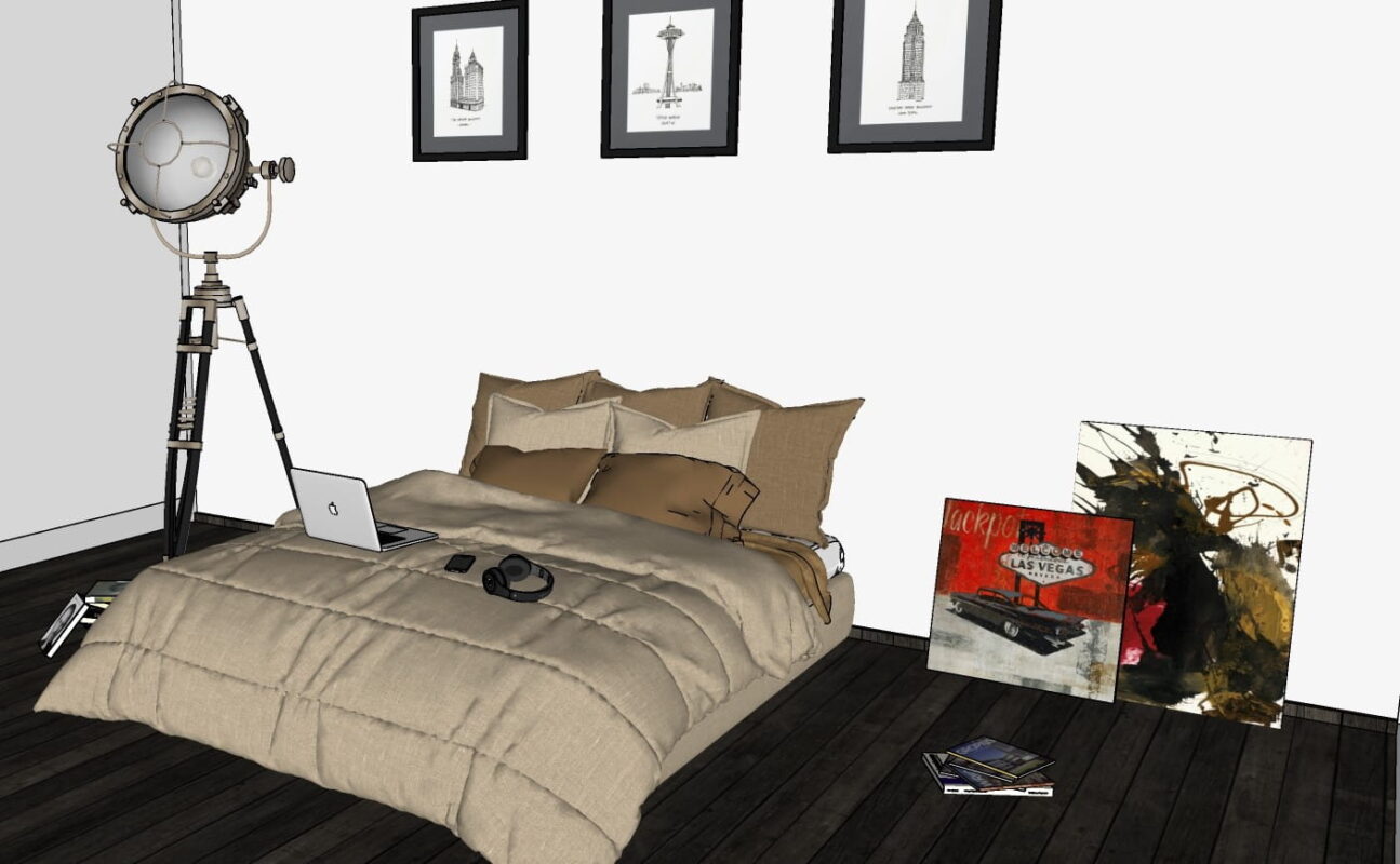modern bed with accessories detailed pillows and blanket